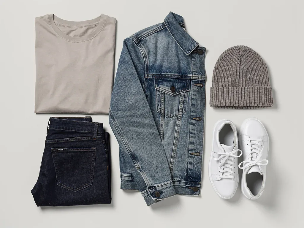 Flat lay of a minimalist street style capsule wardrobe with versatile, budget-friendly clothing items.