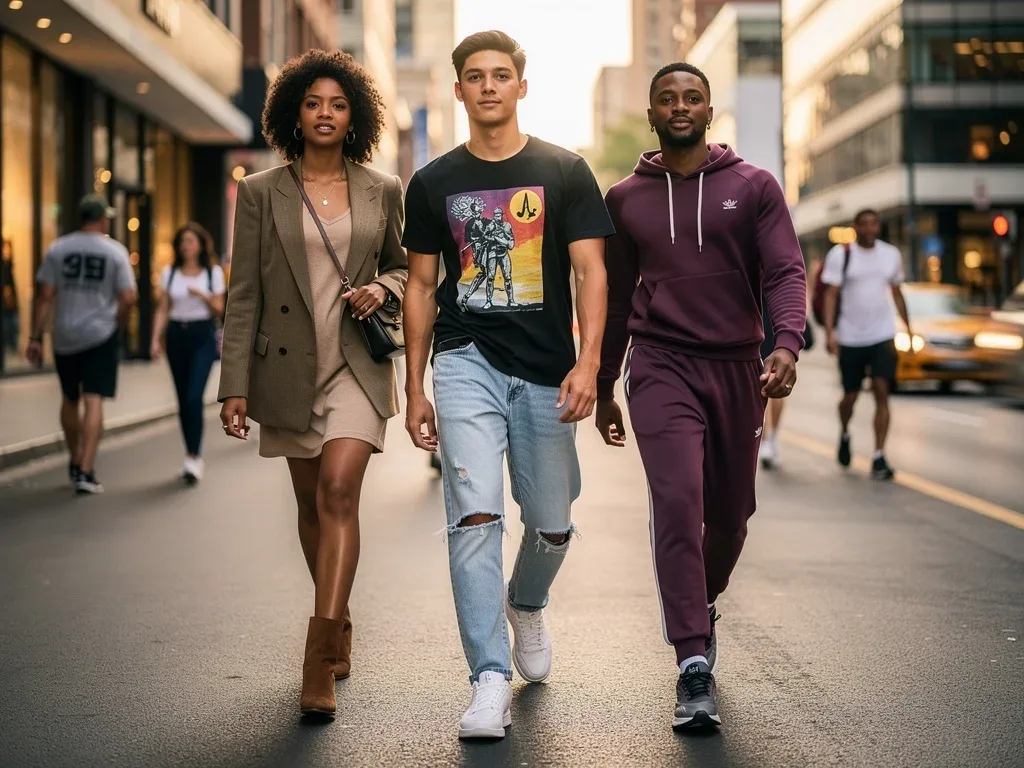 Young people demonstrating vibrant street style outfits on a city street, curated on a budget.