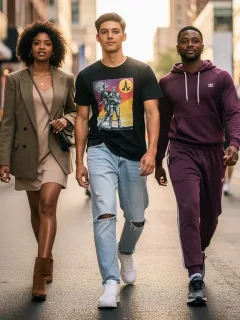 Young people demonstrating vibrant street style outfits on a city street, curated on a budget.