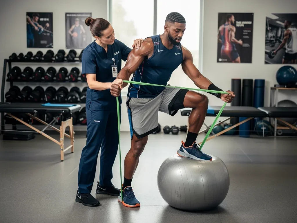 Physical therapist assisting basketball player with pain management exercises