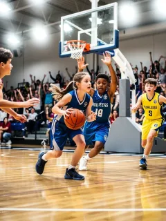 Dynamic youth basketball game in progress, showcasing diverse young players and modern equipment