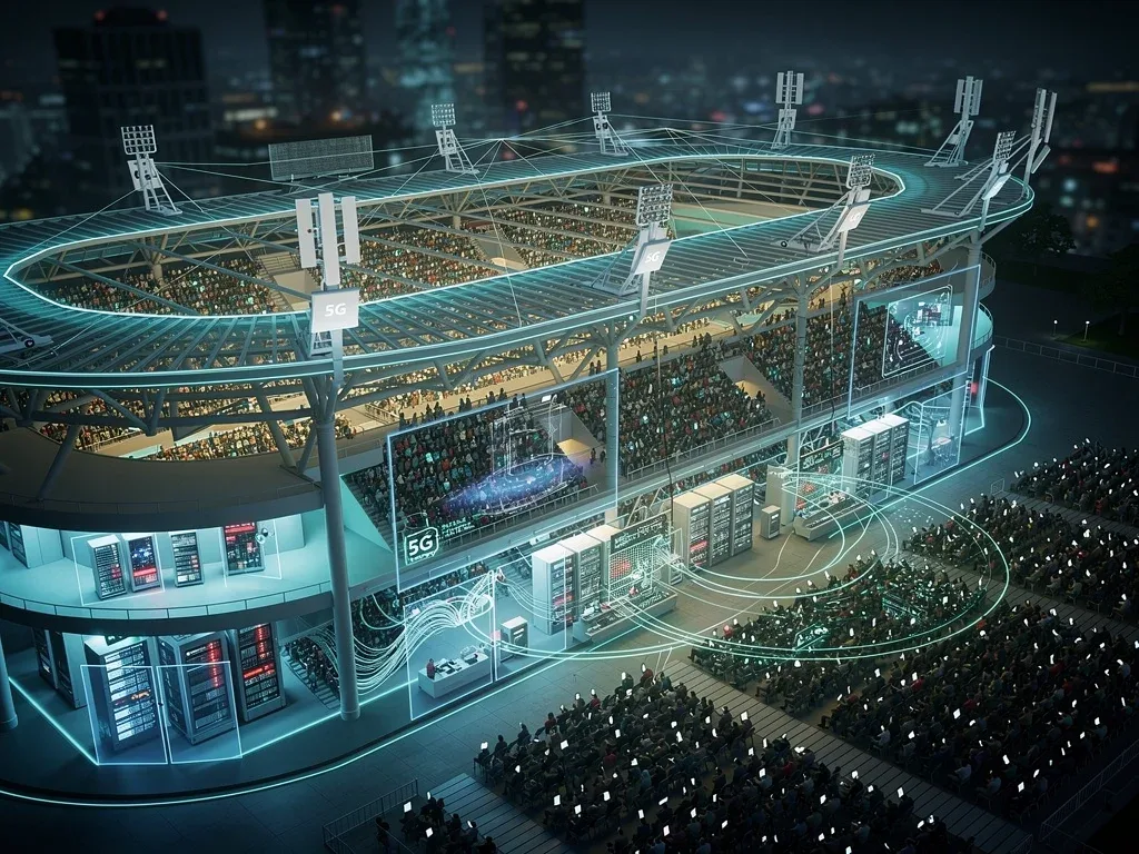 Overhead view of stadium with integrated 5G network infrastructure