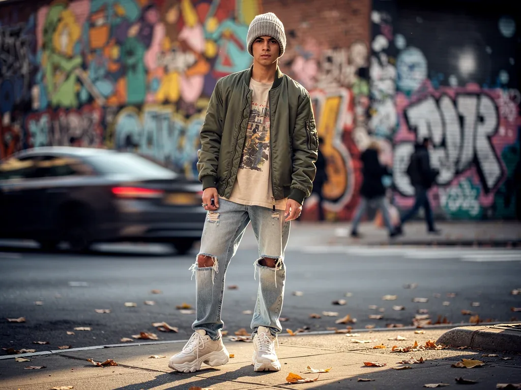 Layered urban street style with bomber jacket and distressed denim