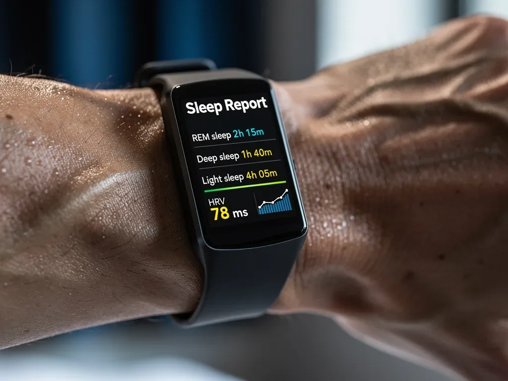 Wearable sleep tracker displaying detailed sleep metrics on an athlete's wrist
