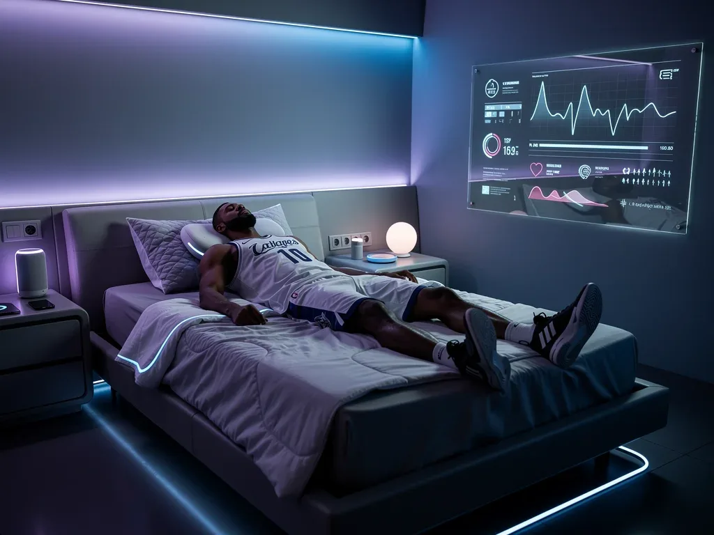 Basketball player sleeping in a technologically advanced bedroom for optimal recovery