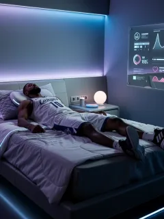 Basketball player sleeping in a technologically advanced bedroom for optimal recovery