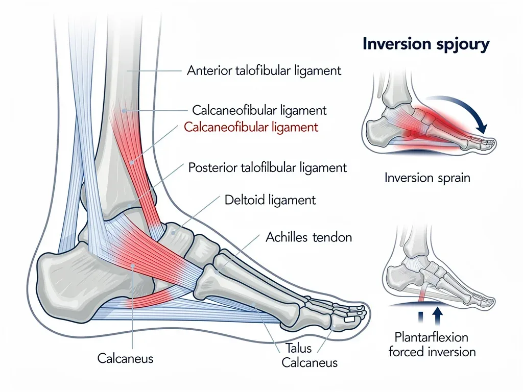 Anatomical diagram of an ankle showing ligaments and common sprain mechanisms.