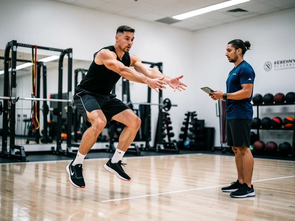 Basketball player demonstrating safe landing technique during training with a physical therapist.