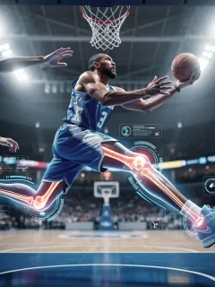 Dynamic basketball player mid-jump, illustrating agility and injury prevention focus.
