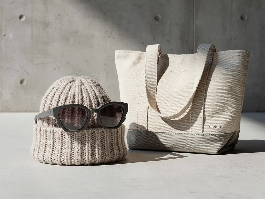 Avant-garde sunglasses, oversized beanie, and sustainable tote bag against a concrete wall