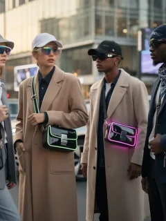 Diverse individuals displaying trendy street style accessories for 2026 in a modern city