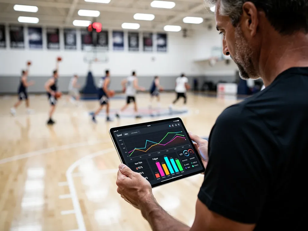 Basketball coach reviewing player performance data on a tablet