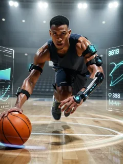 Futuristic basketball player utilizing advanced wearable training technology
