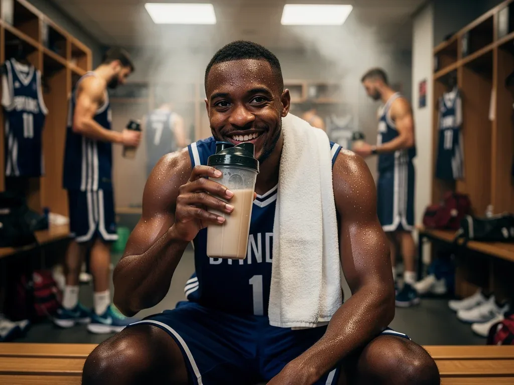 Basketball athlete consuming a protein shake for quick post-game recovery