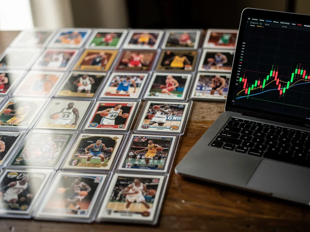 Diverse basketball card collection with market analysis graph