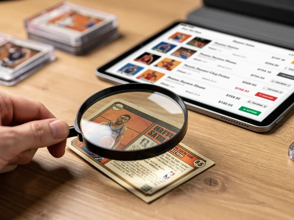 Inspecting basketball card condition with magnifying glass and auction data