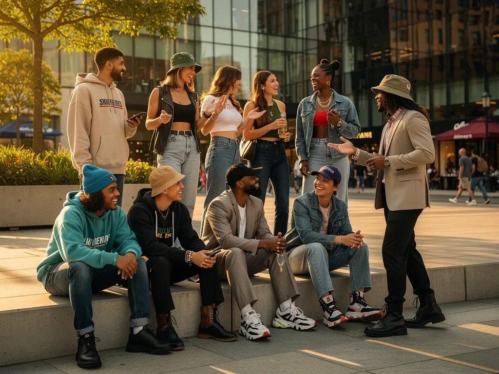 Diverse group of people in various street style outfits in urban plaza
