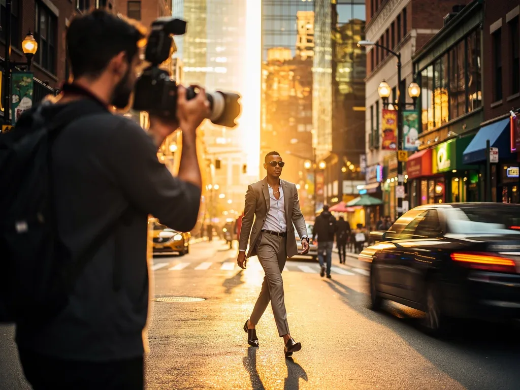 Photographer capturing a stylish person on a city street at golden hour
