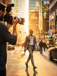 Photographer capturing a stylish person on a city street at golden hour