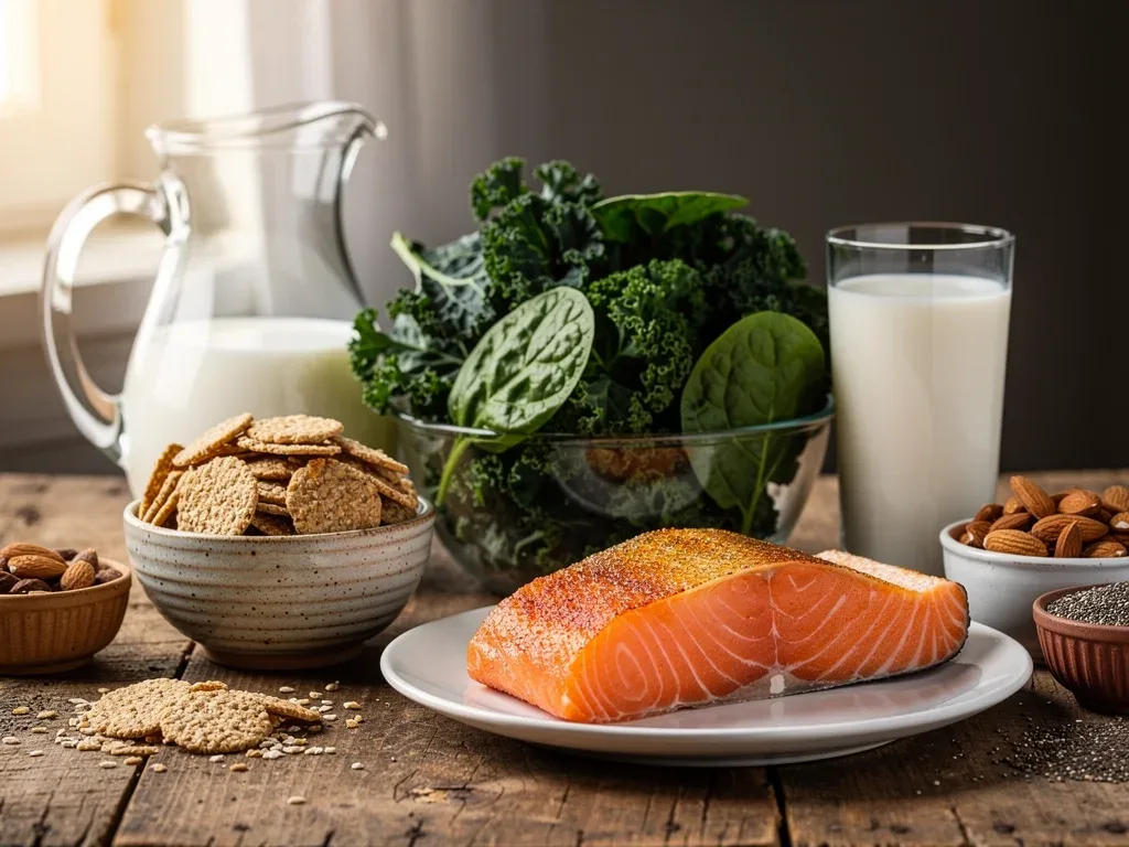 Assortment of nutrient-rich foods crucial for strong bones, including dairy, greens, and fish.