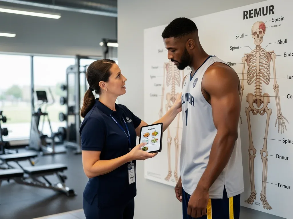 Sports dietitian explaining bone health nutrition to a basketball player in a modern facility.