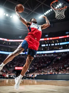 US basketball athlete in mid-air dunking, symbolizing robust bone health and peak performance.