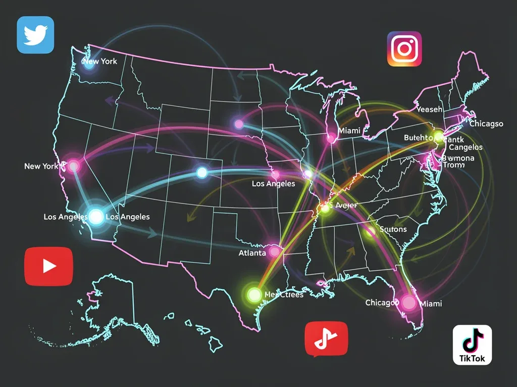 Data visualization showing the rapid diffusion of street style trends across US cities via social media platforms.