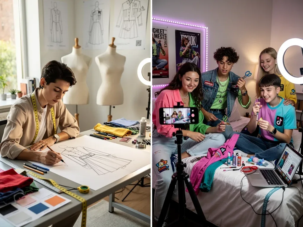 Contrast between traditional fashion design and Gen Z DIY social media fashion content creation, illustrating democratized design.