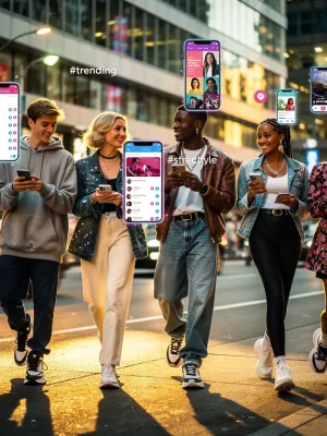 Dynamic street style fashion influenced by social media in 2026, featuring diverse individuals interacting with their phones in an urban setting.
