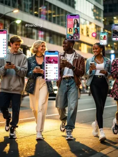Dynamic street style fashion influenced by social media in 2026, featuring diverse individuals interacting with their phones in an urban setting.