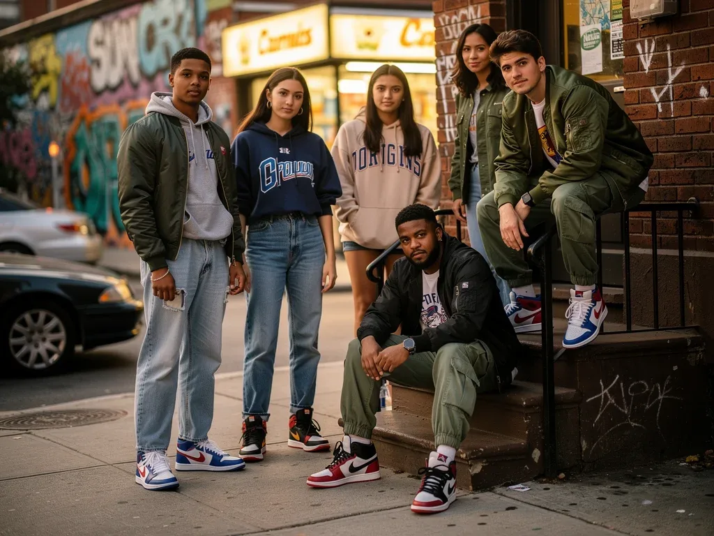 Young adults in urban setting wearing retro basketball sneakers as fashion