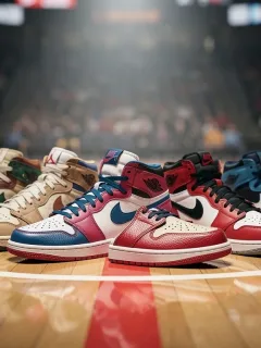 Collection of iconic retro basketball sneakers on a court, highlighting classic designs