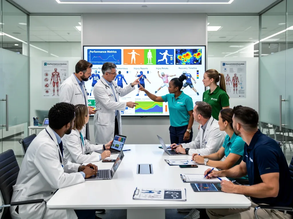 Sports medicine team analyzing player data for injury prevention and performance optimization.
