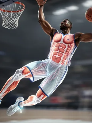 Dynamic image showing a basketball player and anatomical overlays representing modern sports medicine integration.