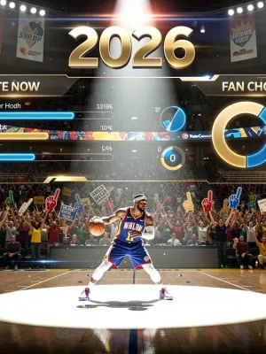 Dynamic NBA All-Star Voting 2026 graphic with star player and fan interaction.