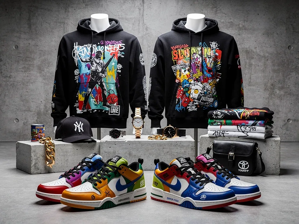 Iconic streetwear pieces arranged as valuable investments