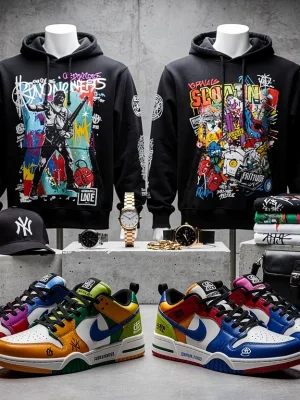 Iconic streetwear pieces arranged as valuable investments